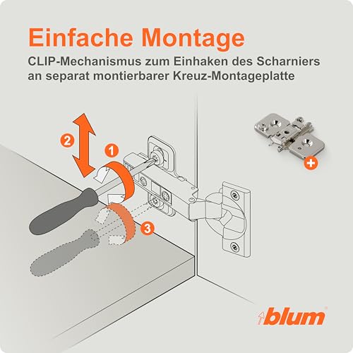 BLUM 2x CLIP top Möbelscharnier 110° I Softclose Topfscharnier 35mm I separat montierbare CLIP Kreuzmontageplatte, 0mm Distanz | 3D Seiten-, Höhen- und Tiefeneinstellung | vernickelt | Eckanschlag