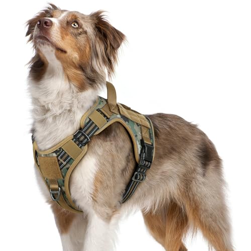 rabbitgoo Hundegeschirr Mittelgroße Hunde, Anti Zug Geschirr Hund Verstellbar mit Griffe Verbreitert, Robust Taktisches Hundegeschirr mit Metallschnallen zum Wandern(M, Camouflage Braun)
