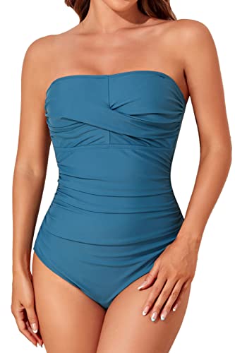Image of Smismivo Tummy Control Swimwear Strapless One Piece Swimsuit Ruched Bathing Suits for Women Slimming Bandeau Tube Top Bikini