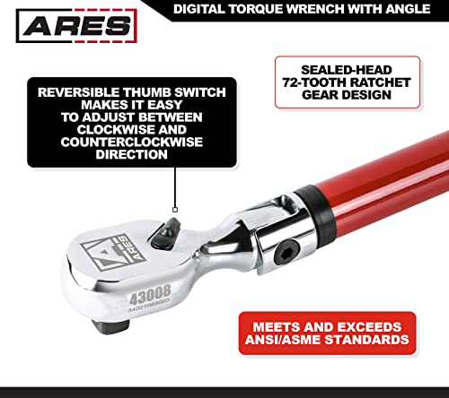 Image of ARES 43008-1 /2-Inch Drive Flex Head Digital Torque Wrench - Torque and Angle Readings - 25-250 ft-lb (30-340 Nm) Electronic Reversible Ratchet, Multi-Alert, ±2% Accuracy - Auto, Motorcycle, Mechanic