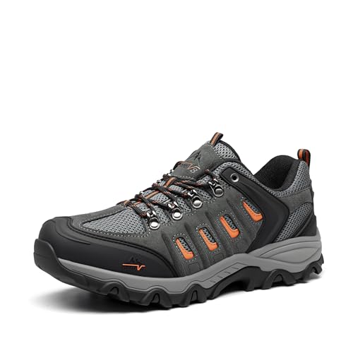 NORTIV 8 Men's Waterproof Hiking Shoes Leather Low-Top Hiking Shoes for Outdoor Trailing Trekking Camping Walking Quest 7.5 Black/Dark/Grey/Orange