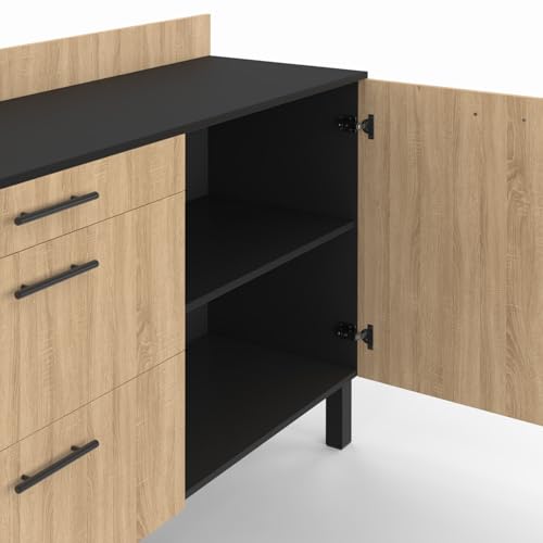 Buffet bas casserolier de cuisine 120 cm CINA plan de travail H.83 cm 1 porte + 3 tiroirs et façon hêtre - vue 8