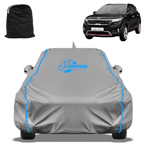 Image of Waterproof Car Body Cover Compatible with Kia Seltos GTX Plus Diesel at Mirror and Antenna Pocket, Triple Stitched (Heat Resistant US Grey with Red Piping)