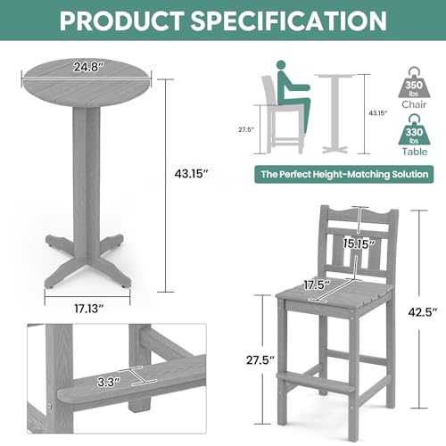 Image of Outdoor Bar Stools Set of 2, HDPE Tall Adirondack Bar Chairs 27.5 Inch Seat Height w /Backrest, All Weather Patio Bar Height Chairs for Bistro Balcony Deck Poolside (Slate Grey)
