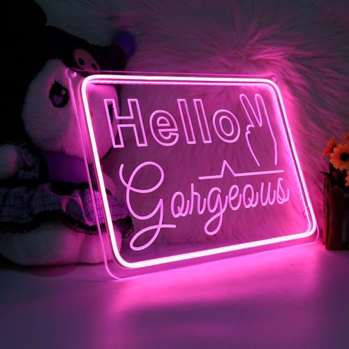 Image of Hello Gorgeous Neon Sign Wall Decor Pink LED Neon Lights for Girls Christmas Memorial Day Birthday Wedding Party Home Lover Room Bathroom Decorations Gifts