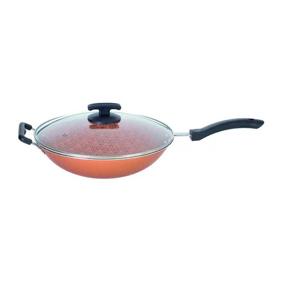 Panela Wok Antiaderente com Tampa de Vidro, Cobre, Ramos