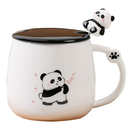 Panda Taza Regalo Taza Infantil - Taza de Cerámica con Tapa Cuchara de Acero Inoxidable, Taza de Café Taza de Té Regalos Divertidos para Mujeres Lindas Tazas Lindas Amigo
