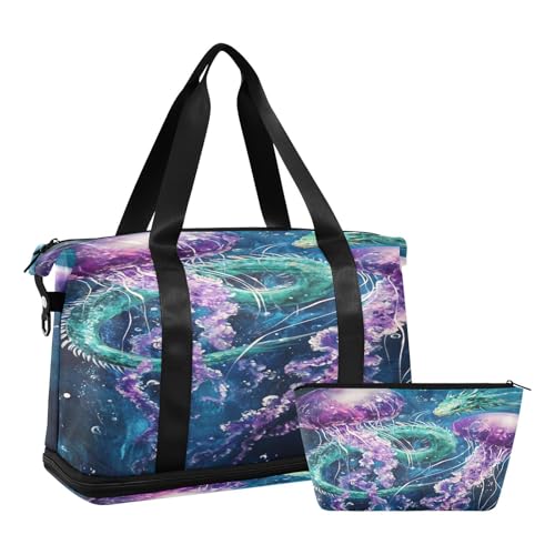 Jellyfish Dragon Blue Travel Duffel Bag for Women Men Gym Bag with Shoe Compartment Wet Pocket Carry On Weekender Overnight Bags for Travel Hospital Gym2