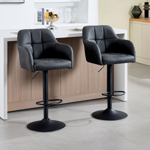 Butacos Giratorios para Bar, Juego de 2, con Reposabrazos y Altura Ajustable, Tapizados en Cuero Sintético, para Cocina/Comedor/Café, Gris Oscuro miniatura 1