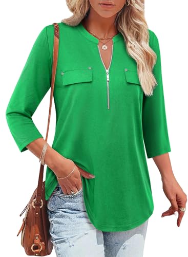 Green Top 3/4 Sleeve Stand Collar Relaxed Fit Button Front
