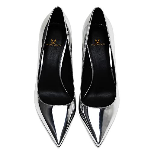 MOOMMO Women Patent High Heels Pumps Shoes Pointed Toe Slip On Metallic Stiletto Heels Dress Shoes Pointy Closed Toe 3" Kitten Heel Dress Sandals Office Ladies Bridal Wedding Party 4-13 M US4