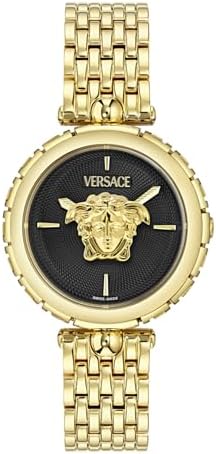 Versace Medusa Heritage Women’s Watch, Swiss Made Luxury Designer Watch with Black Guilloche Dial, Yellow Gold IP 38mm Stainless Steel Case, Gold Bracelet, Deployant Clasp, 5 ATM