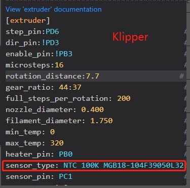 Klipper firmware configuration example for thermistor