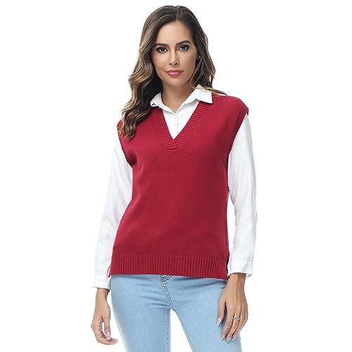 Image of MODFUL Women Sleeveless Jumper V Neck Sweater Vest Knitted Tank Top Red M