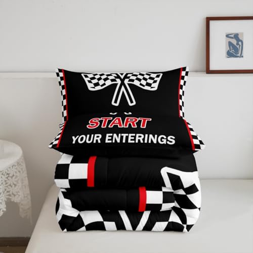 Image of Feelyou Kids Racing Car Duvet Insert Full Size, Checkered Flags Bedding Set Race Sports Flag Comforter Set Boys Girls Teens Bedroom Decor 3Pcs