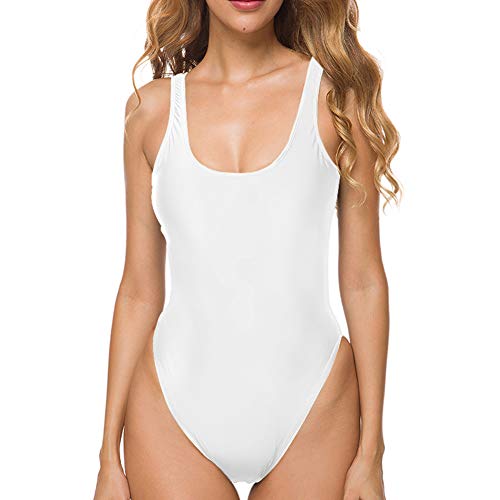 SARA SWIM One Piece Swimsuit Scoop Front Low Back High Cut Retro Bathing Suit for Women (M, White)