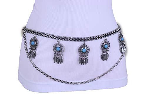 TFJ Women Bohemian Fashion Belt High Waist Hip Silver Metal Chain Feather Dream Catcher Charm M L XL3
