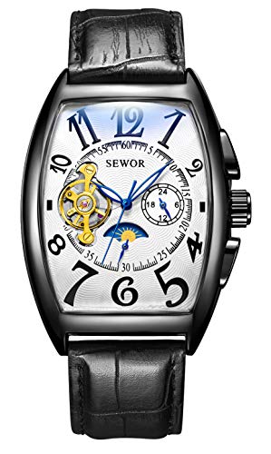 Luxury Tourbillon Herren Mondphase automatische mechanische Armbanduhr Lederband Glasbeschichtung blau (Schwarz-Weiss)