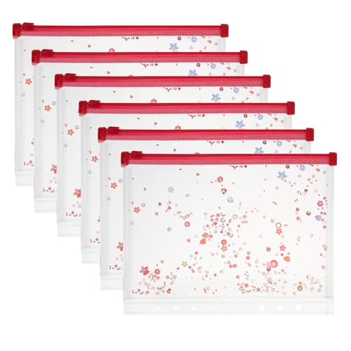 PATIKIL Lot de 6 pochettes en plastique transparent A5 avec fermeture éclair de 22,9 x 17,8 cm, pochettes étanches avec décoration à paillettes pour documents, carnets, organiseur de cartes, rouge
