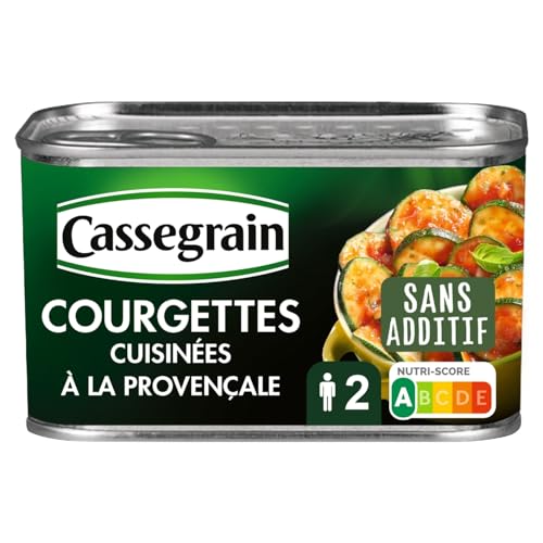 CASSEGRAIN - Courgettes Cuisinées à la Provençale - Courgettes & Tomates, Huile d'Olive Vierge Extra 1,9%, Basilic - Sans Additif - Nutri-Score A - Emballage 100% Recyclable - 375 g