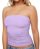 KKJ Womens Strapless Tube Tops Ruched Bandeau Stretchy Basic Going Out Summer Shirts Crop Tank Top Light Purple