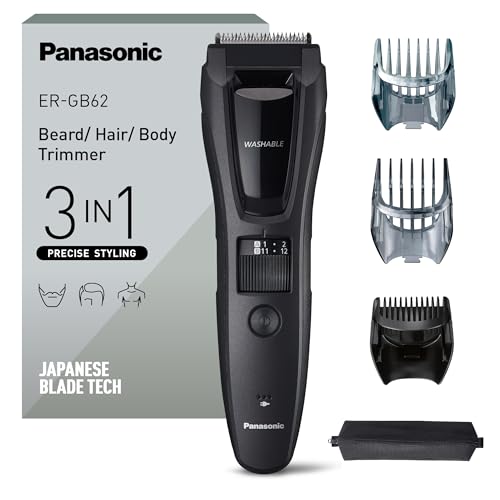 Panasonic ER-GB62-H503 Tondeuse pour Barbe, Cheveux et Corps pour Hommes, Portative Étanche Sans Fil, 39 Longueurs Réglables, 3 Accessoires, Avec ou Sans Fil, Gris Mat