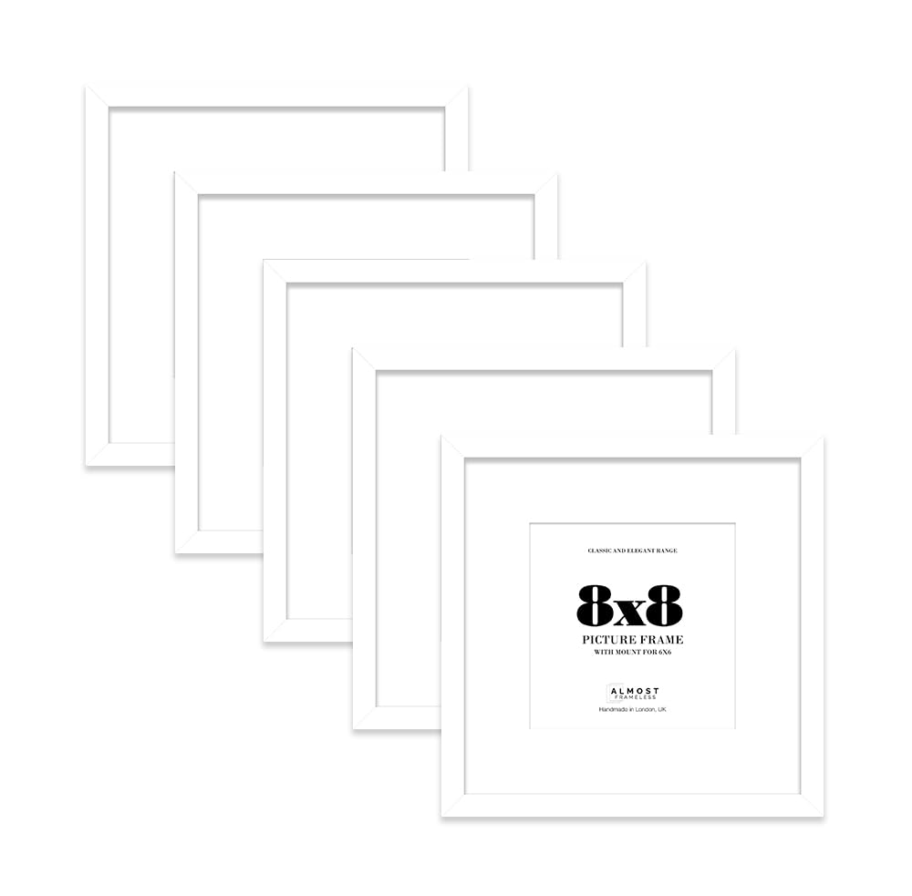 8x8 White Picture Frame with Mount for 6x6 Photos, Prints - Modern Square Wall Frame, Set of 5