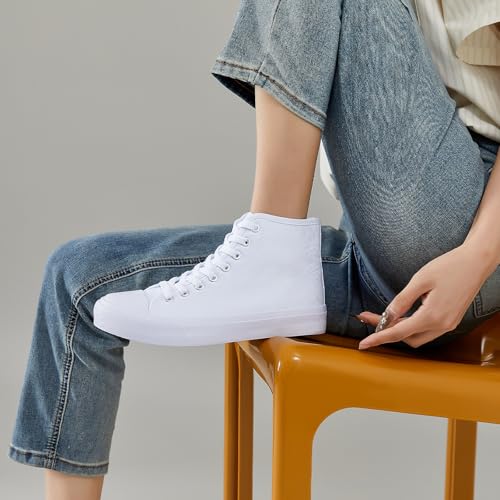 Image of Uoidru High Top Sneakers for Women Canvas Shoes White Canvas High Tops Women Casual Shoes Lace Up Fashion Sneakers