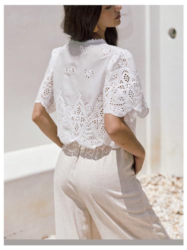 SOLY HUX Women's Hollow Tie Front Crop Tops Ruffle Short Sleeve V Neck Summer Blouse Shirts2