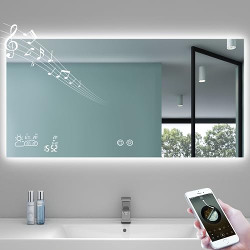 BYECOLD Smart Bathroom Mirror with Bluetooth 48”X 24” WiFi Enabled Weather Display, Fog Free, Backlit Frameless Brightness Adjust, Memory Function Touch Sensor - Horizontally Only