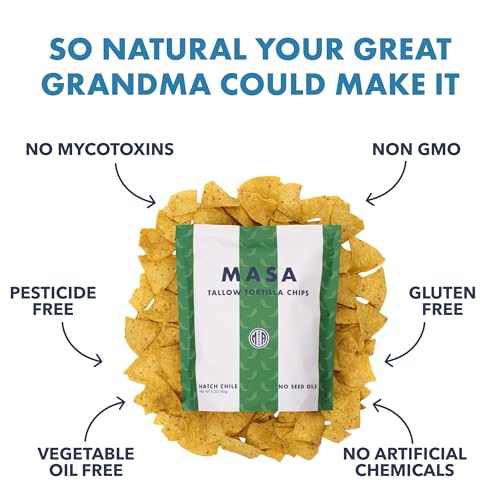 MASA Chips Hatch Green Chile Corn Tortilla Chips Cooked in Beef Tallow – Seed Oil Free Snack, 2pk×5 oz each– Handmade with Naturally Grown Corn, Hatch Green Chiles & Sea Salt, Gluten Free
