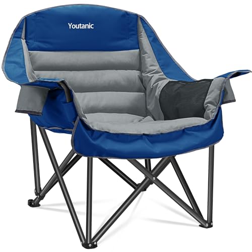 Oversized Camping Chair, Portable Folding Camping Chairs with Side Pocket, Cup Holder and Carry Bag, Heavy Duty Outdoor Camping Chairs for Adults, Fis