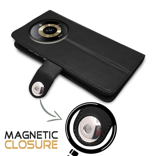 Image of Pikkme Realme Narzo 60 5G Flip Cover Leather Finish | Inside TPU with Card Pockets | Wallet Stand and Shock Proof | Complete Protection Button Flip Case (Black)
