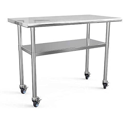 Stainless Steel Prep Table 48x24 Inches Commercial Work Table Food Metal Table Heavy Duty Kitchen Garage Tables Worktables and Workstations Sandwich Top with 4 Caster Wheels Cover