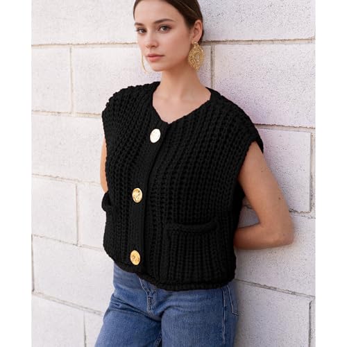 Image of Hixiaohe Womens Crochet Chunky Knit Top Sleeveless Button Down Crop Tops Trendy Cardigan Sweater Vest for Women with Pockets