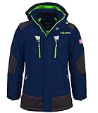 Abnehmbare Kapuze Trollkids Kinder gefütterter wasserdichter Winter-Parka, Ski- und Schneejacke Narvik, Marineblau/Grün, Größe 140
