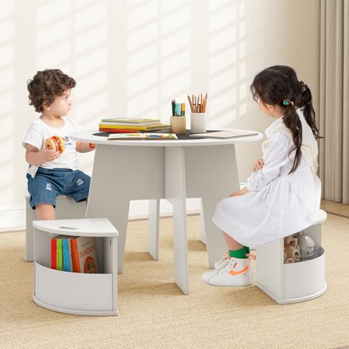 Table multi-activités enfant en bois fleur avec 4 tabourets de rangement