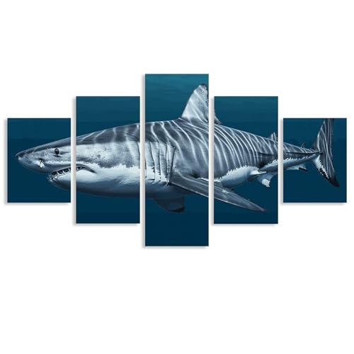 Requin blanc peinture sur toile 5 panneaux pour un salon moderne