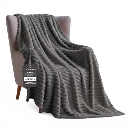 HOLVYN Flannel Fleece Throw Blanket Soft Fluffy Striped Blanket For Adults, Kids & Teens, Cozy All-Season Throw For Sofa, Bed & Couch, Polyester Fleece (Grey, XL 200x230 cm)