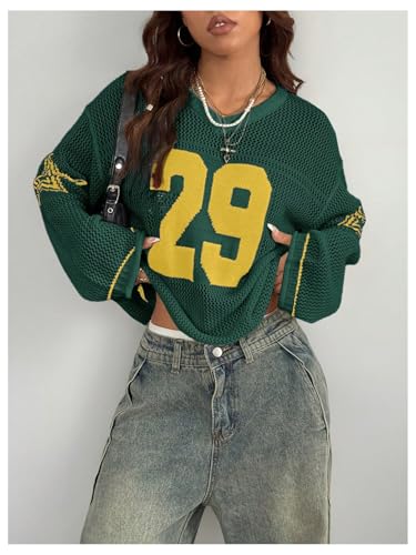 Verdusa Women's Y2k Clothes Going Out Tops Oversized Crochet Jersey Shirts Graphic V Neck Pullover Sweater Dark Green Large3