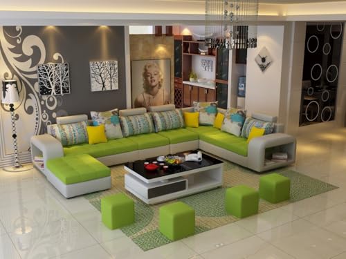Image of Torque Allister 12 Seater Sofa Set for Living Room (Green) | Interchangeable U Shape Sectional Sofa | Solid Wood Frame & High-Density Supersoft Foam | Includes Puffy & Stool | Modern Home Furniture