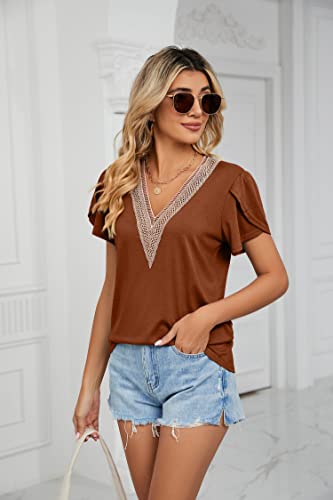 Bilike Jomex Womens V Neck T Shirts Summer Casual Petal Short Sleeve Tops Dressy Shirts Brown Xl #TOP2