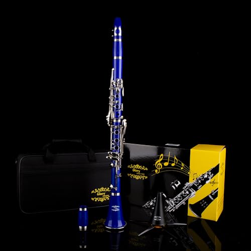 Image of Glory GLY-CLADBL Professional Ebonite Bb Clarinet with 10 Reeds, Stand, Hard Case, Cleaning Cloth, Mouthpiece Brush and Pad Brush,Dark Blue /Silver