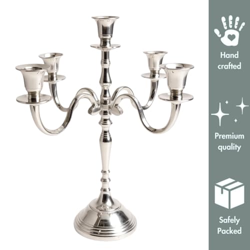 Image of Decorative Aluminum Vintage 5-Arm German Silver Candelabra Candle Holder - Elegant Metal Table Centerpiece for Home, Wedding, Party & Dining Room Decor