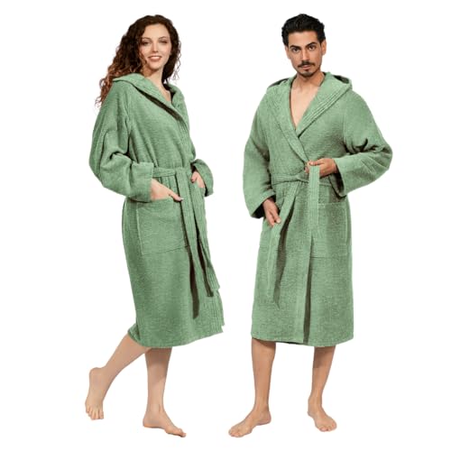 nice homeit Bademantel für Damen und Herren aus Frottee, 100 % Baumwolle, super saugfähig, mit Kapuze, weich, leicht, Anti-Pilling, hergestellt in Italien, grün, M