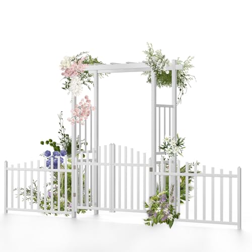 VINGLI Garden Arbor with Gate and Fence, PVC Frame Trellis Garden Arch for Plant Climbing, Vinyl Pergola Wedding Arch Backdrop Standing for Backyard, Lawn, Event (White)