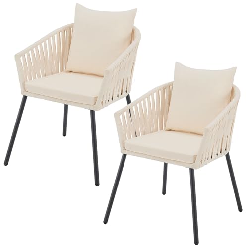 Juskys Chaises de Jardin Rope Lot de 2 - Résistantes aux intempéries - Jusqu’à 160 kg - avec Coussins de Dossier & d’Assise en Polyester - Beige