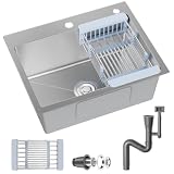 Lavandino Cucina 68 x 45 cm, Lavello da Incasso, Acciaio Inossidabile 304, con Filtro di Scarico, Fori per il Montaggio di Rubinetto e Dispenser di Sapone e Cestello Filtrante Estraibile