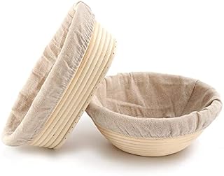 Set 2 Bread Proving Basket 22cm/8.6 inch Round + 25cm/10 inch Oval Sourdough Bread Proving Banneton Basket Bortfom Baking Tool Bowl with Linen Cloth Liner