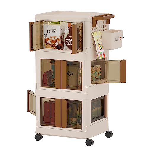3 Tier Rolling Cart, Utility Cart with Wheels, Plastic Cart with Handle, Tool Cart with Storage Bins, 4 Directions Opening Grocery Cart, Storage Cart with 4 Hook, Heavy-Duty Storage Trolley…